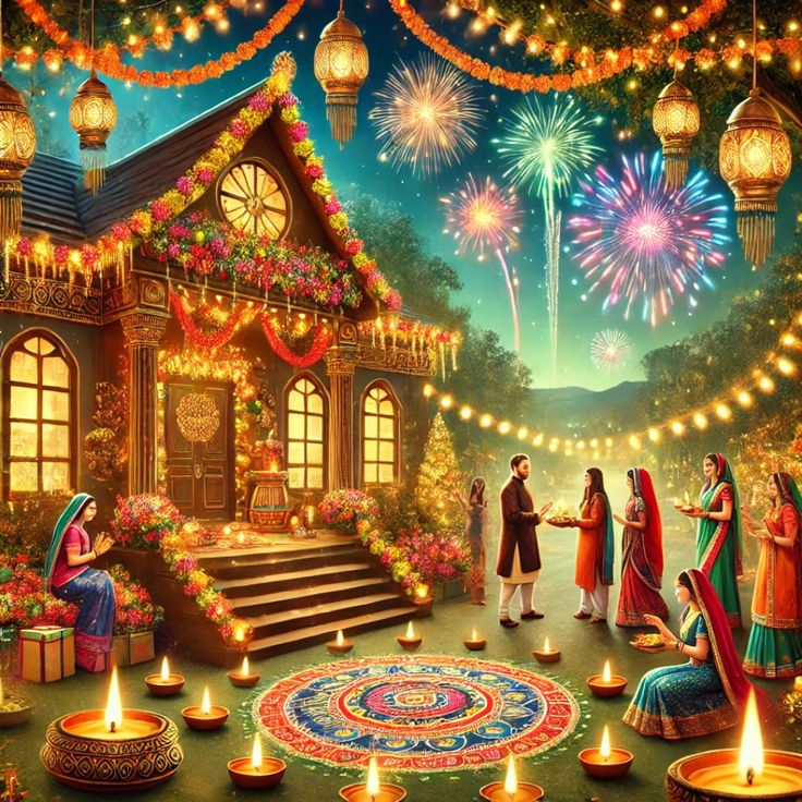 Diwali celebration with lamps, Goddess Lakshmi, Lord Rama, and Krishna