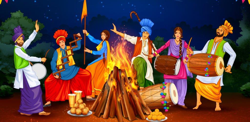 Lohri bonfire celebration in Punjab with traditional Punjabi dancers and dhol