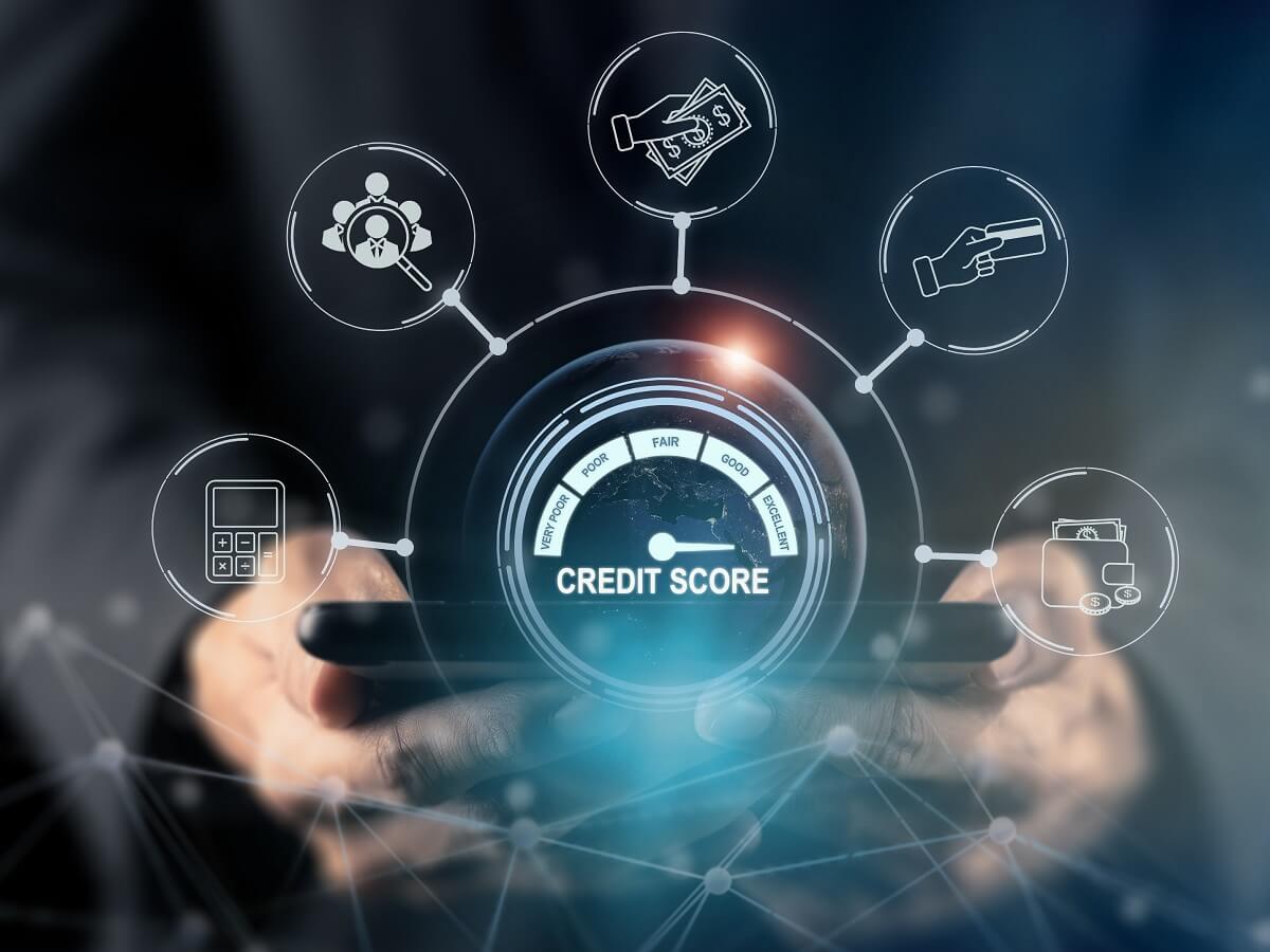 A person checking credit score on a smartphone with EMI documents and Vizzve logo in background.