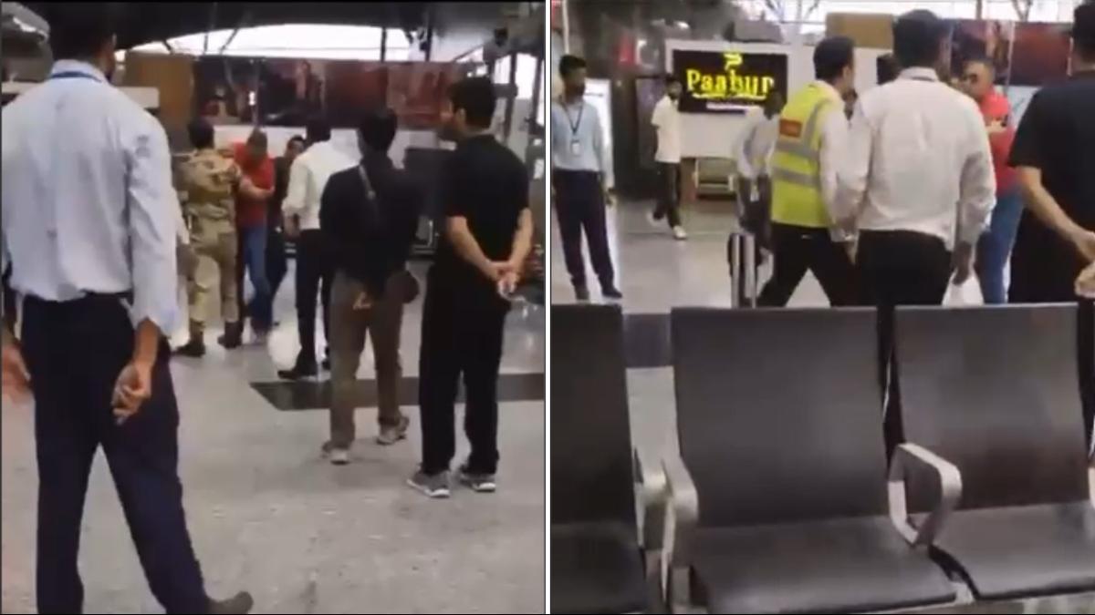 Security footage showing a tense moment at Srinagar Airport where a senior Army officer assaults SpiceJet ground staff during an excess baggage dispute