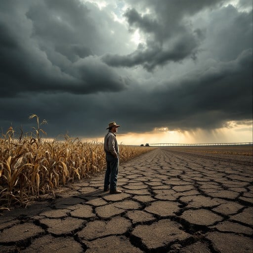 Farmer looking at dry field under stormy monsoon clouds in India