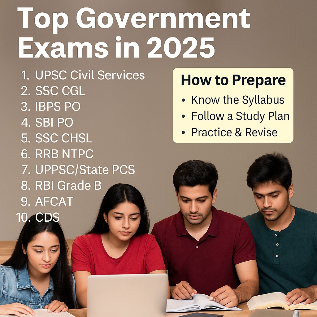 Students preparing with books and laptops for Indian government exams 2025