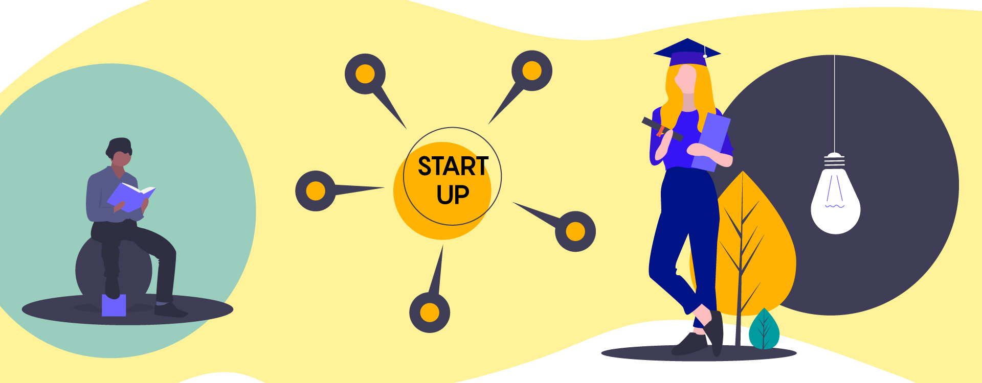 Split image showing a graduate with MBA cap on one side and a young entrepreneur at a startup desk on the other