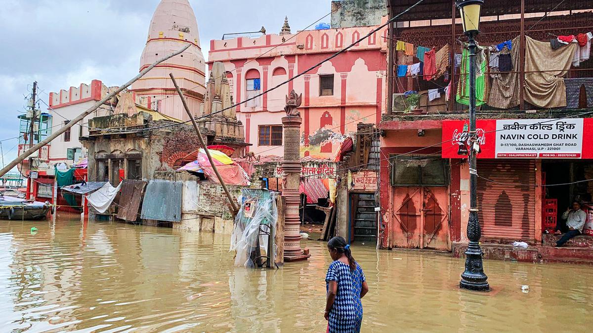 Flooded streets and submerged ghats in Varanasi due to Ganga river overflow following heavy monsoon rains in August 2025
