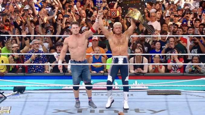 “Cody Rhodes standing tall over John Cena in the ring after winning the Undisputed WWE Championship at SummerSlam 2025 Street Fight