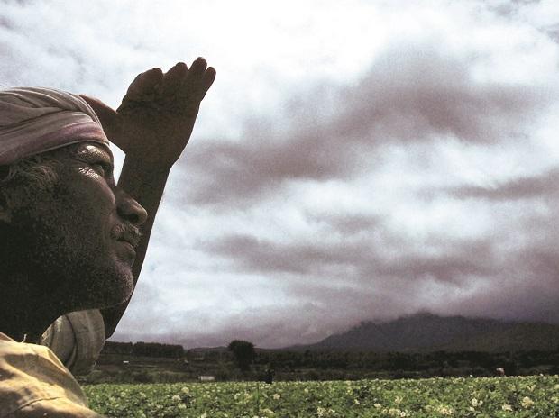 Indian farmer looking at dry fields under cloudy monsoon skies in 2025