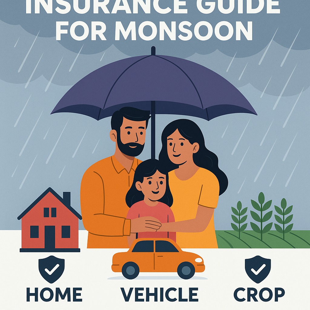 Indian family protecting home, car, and crops with insurance during monsoon rains 