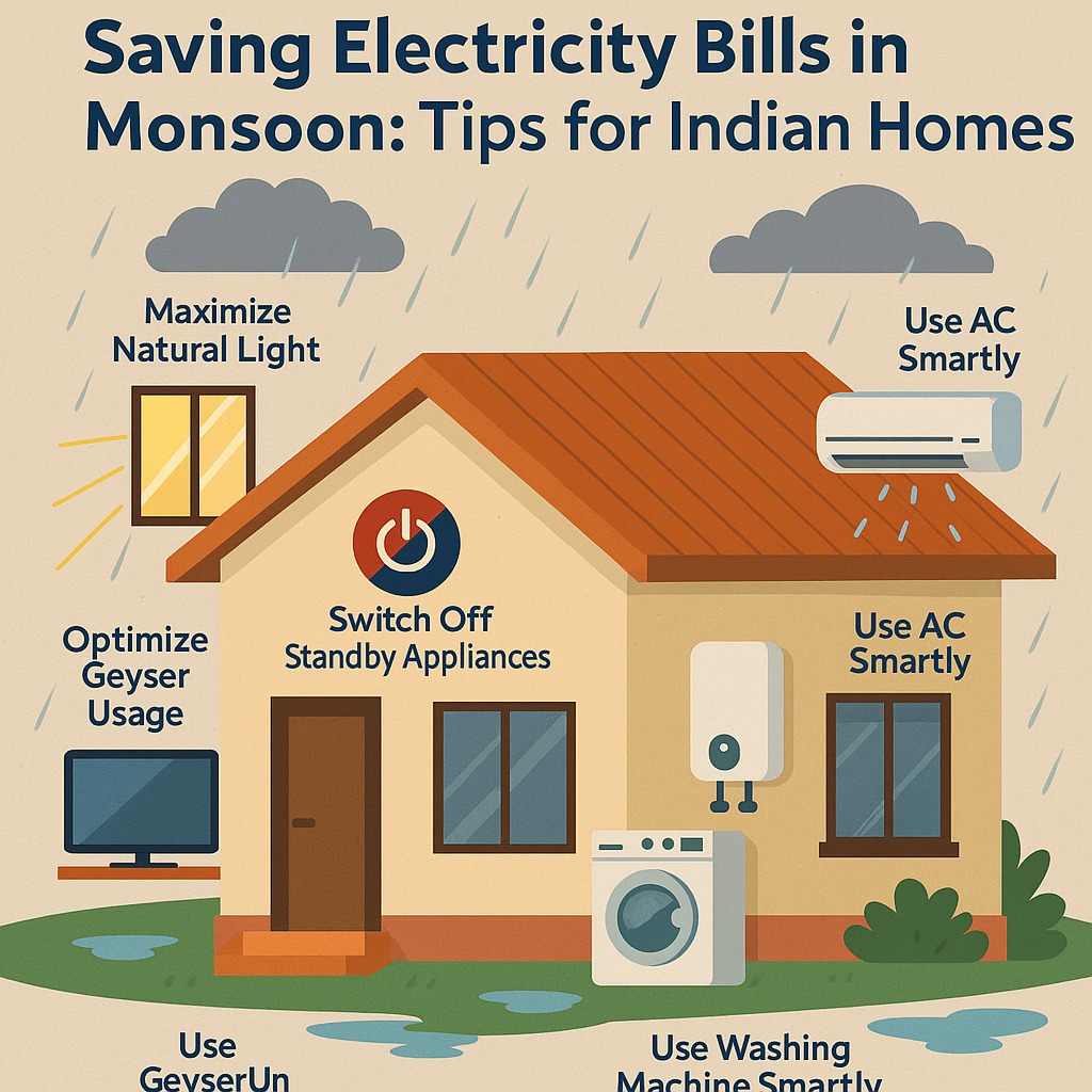 Indian home saving electricity during monsoon with geyser, lights and AC tips