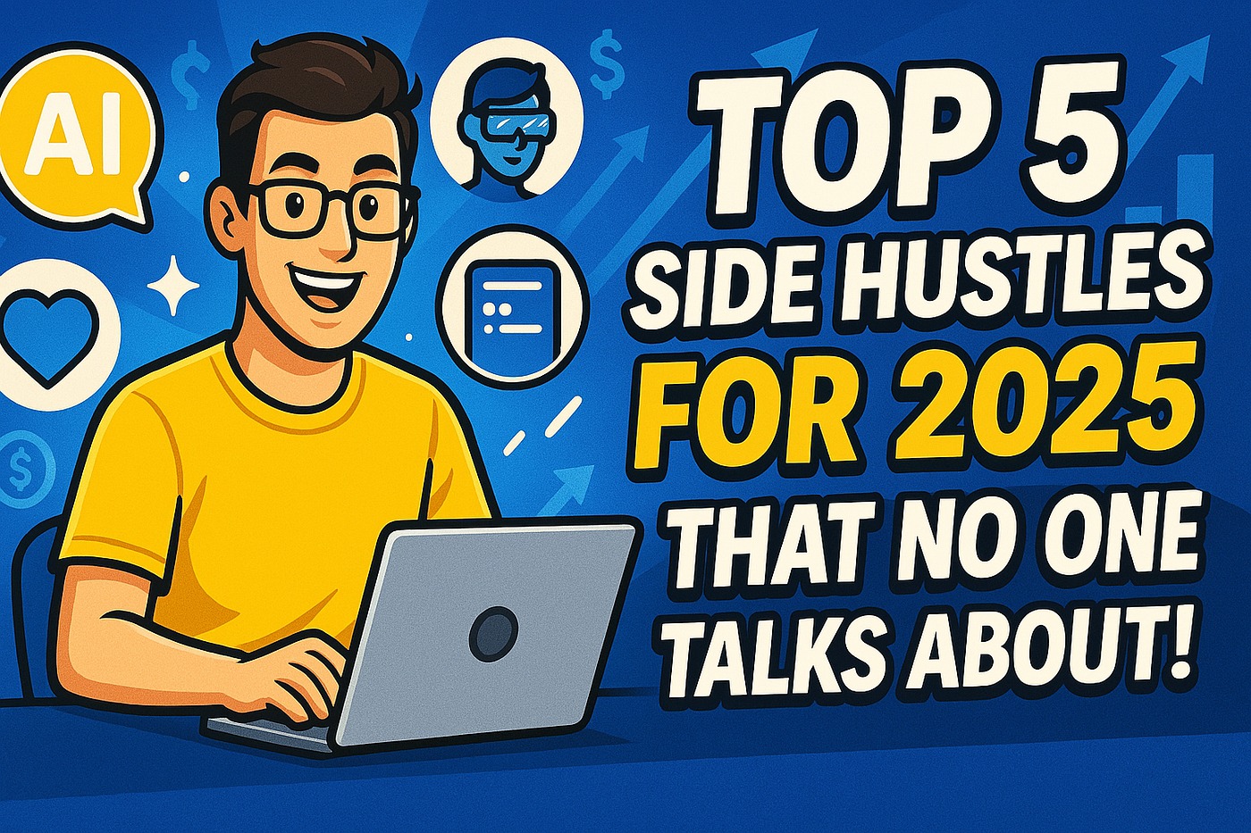 An Indian woman working from home on a laptop with icons representing freelancing, tutoring, dropshipping, and reselling around her.