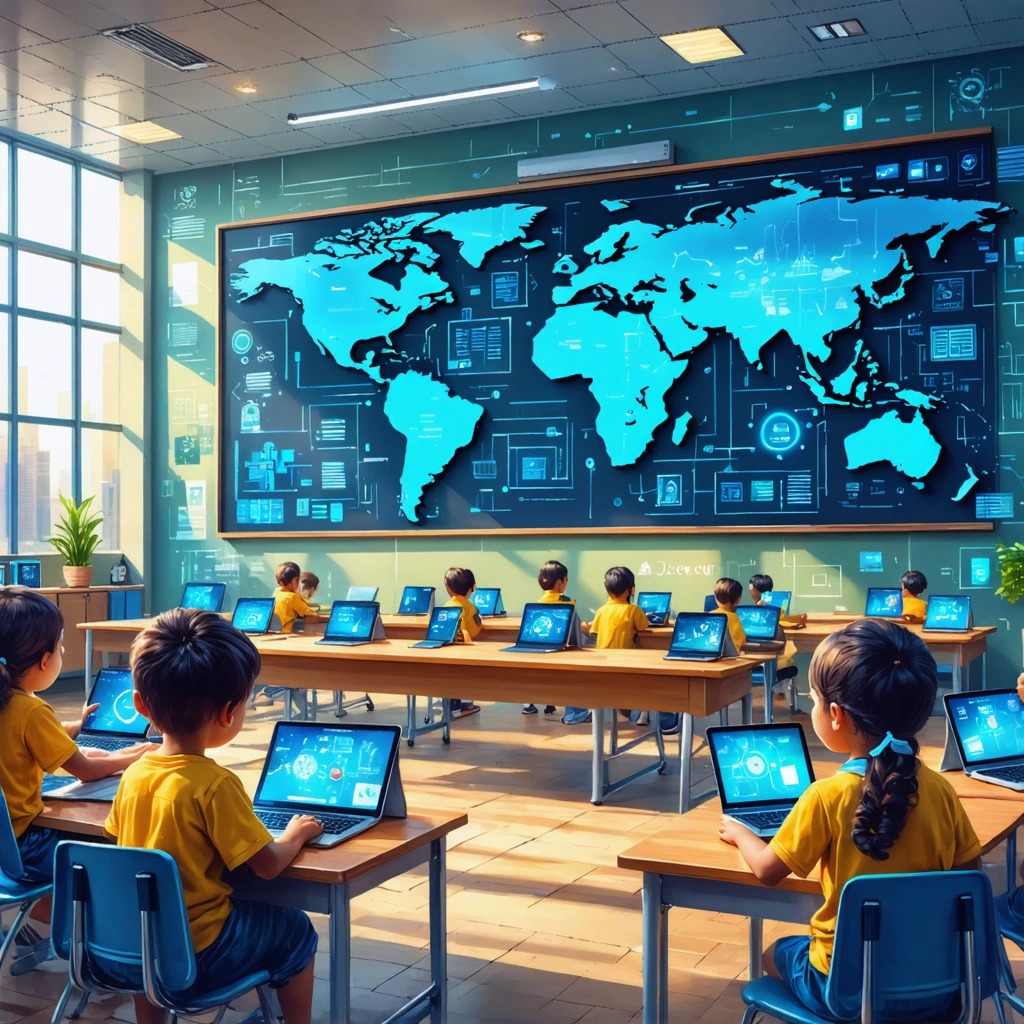 Indian classroom with students learning on digital tablets while a teacher explains via a smartboard under the NEP reforms banner.