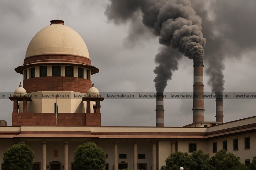 Supreme Court building with industrial pollution in background