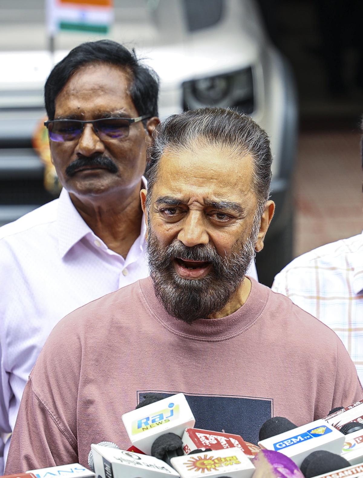 Actor and politician Kamal Haasan speaking at a public event amid controversy over Sanatana Dharma comments