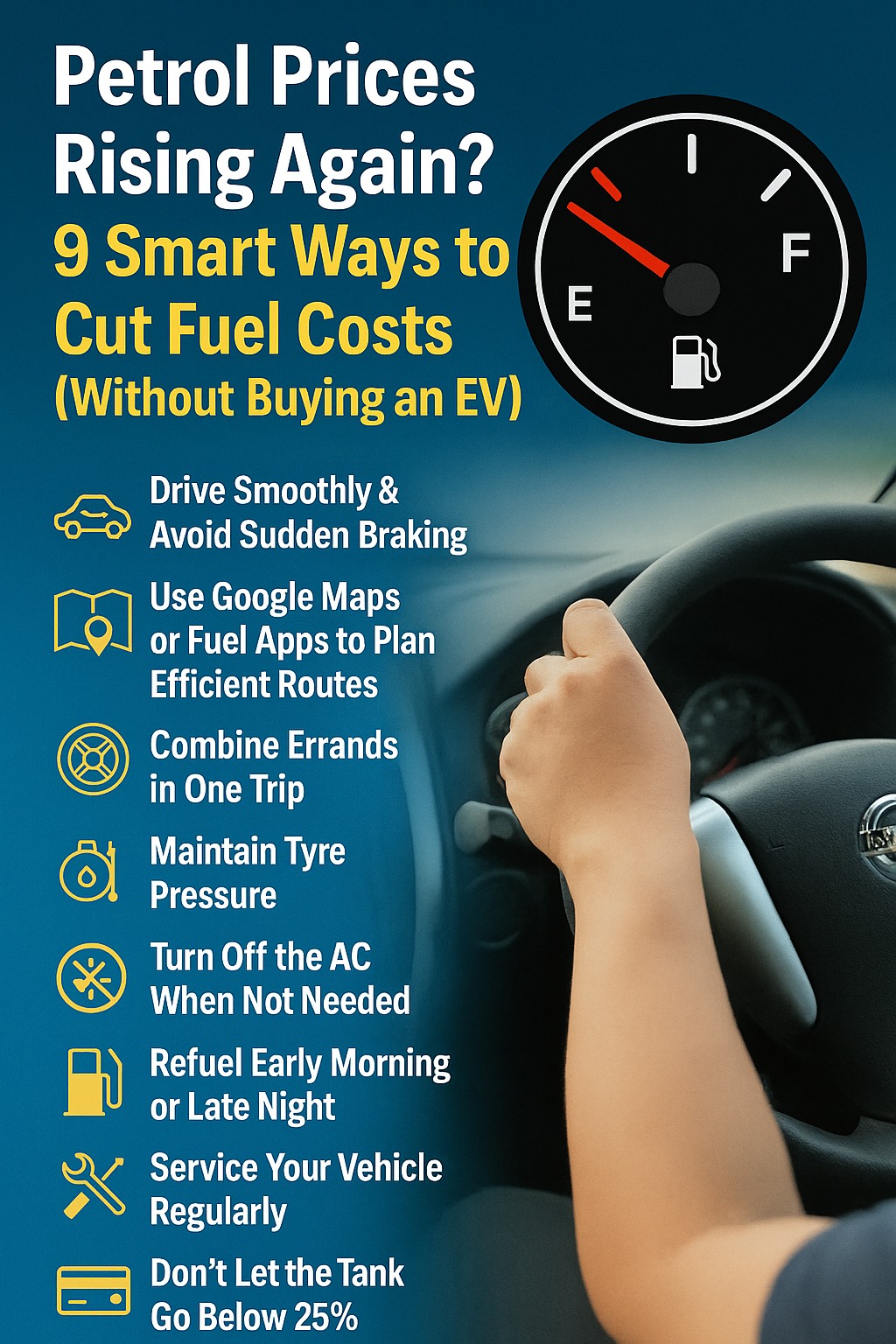 Driver checking petrol meter during rising fuel prices in India
