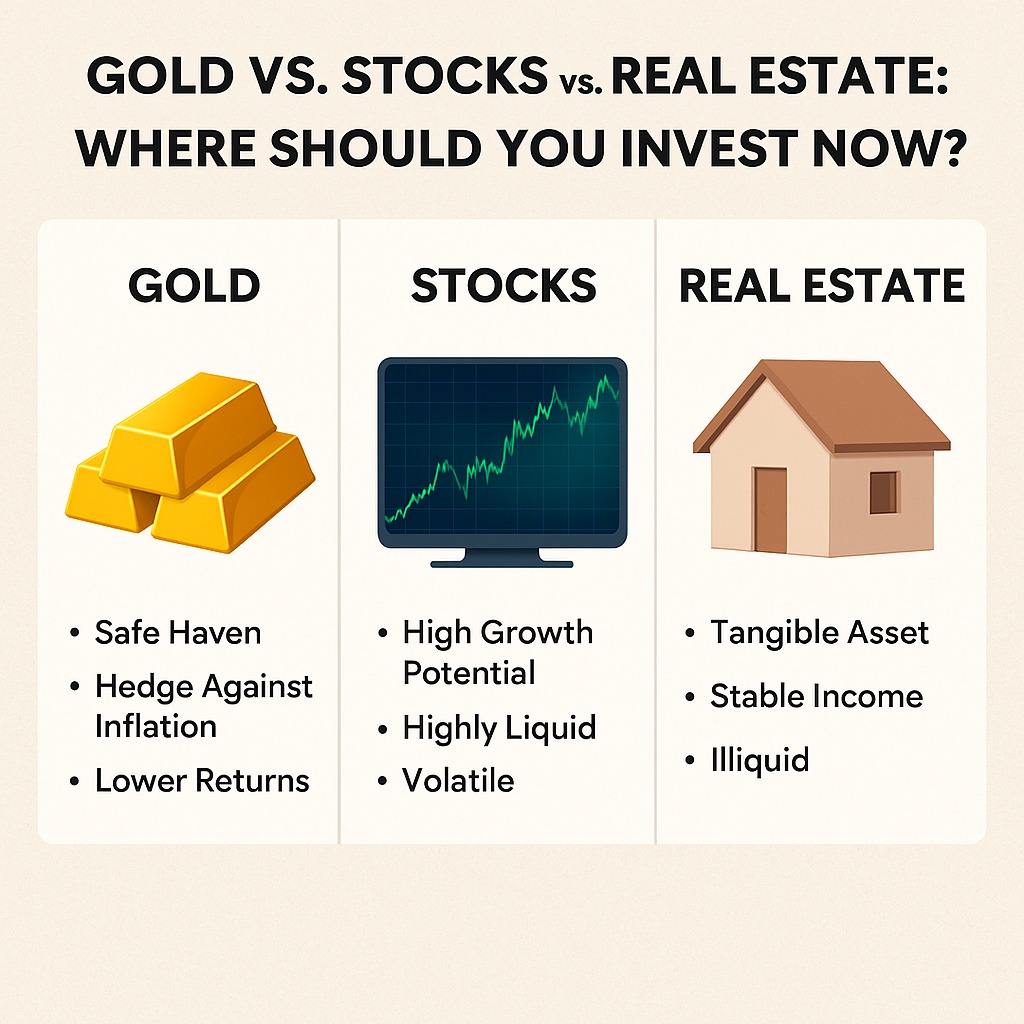Gold bars, stock market chart, and house model representing different investments in India 2025