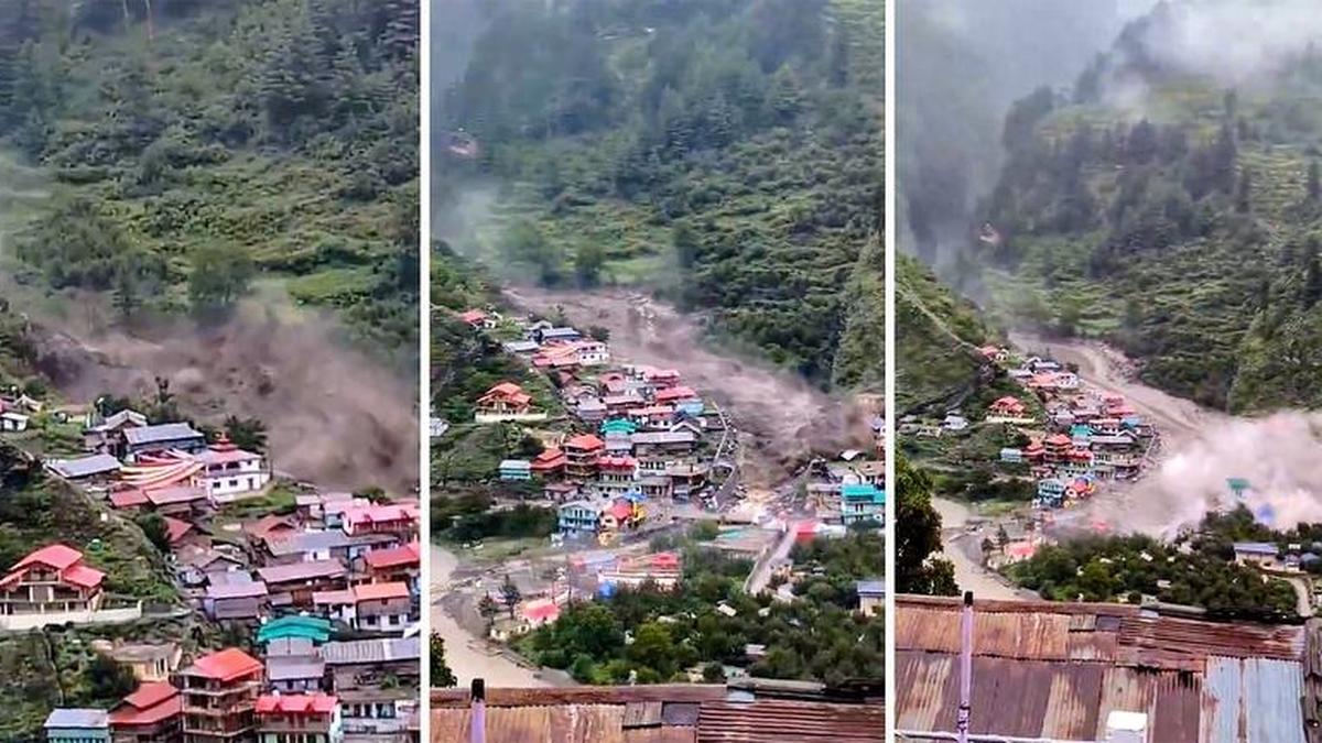 Debris and floodwaters in a Uttarakhand village after the 2025 flash flood