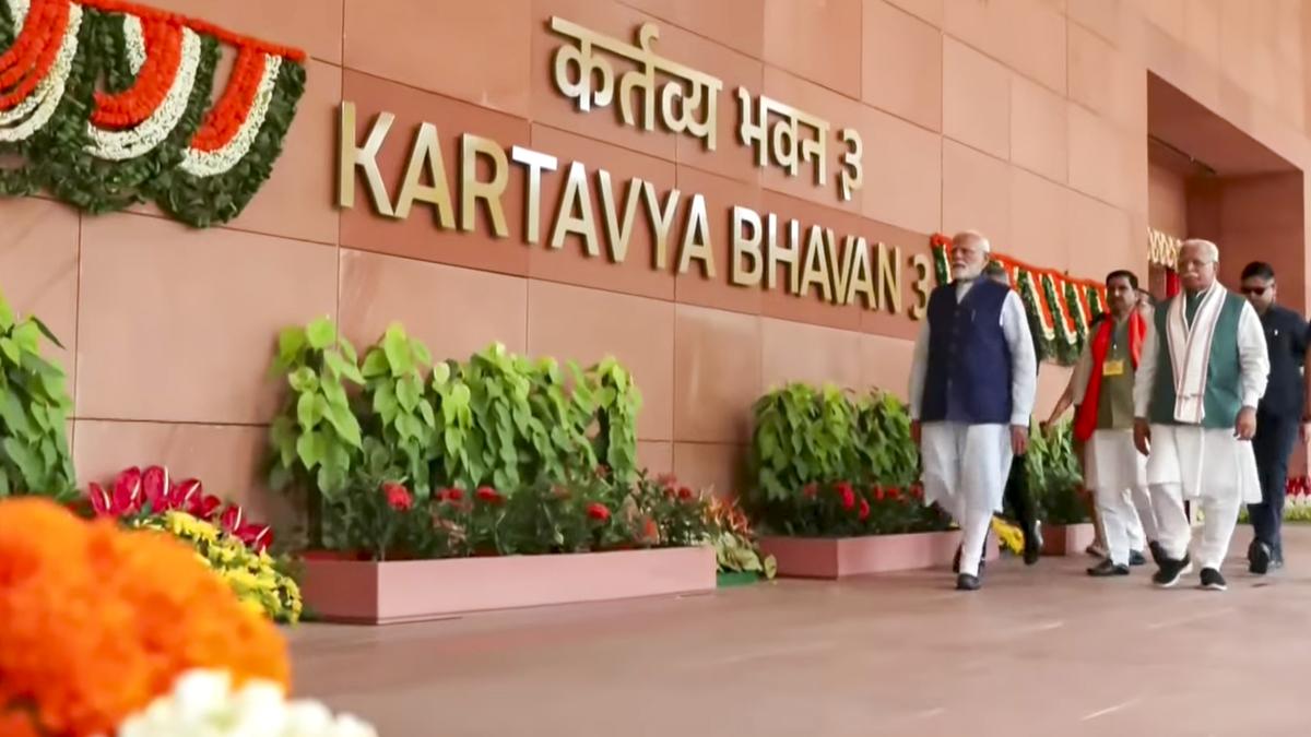 Prime Minister Narendra Modi inaugurating Kartavya Bhavan building in Delhi with officials present