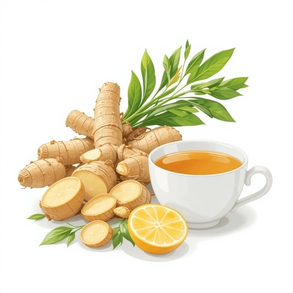 A plate of ginger, turmeric, tulsi leaves, citrus fruits, and warm herbal drink