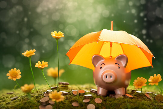 A piggy bank with umbrella cover surrounded by rain and coins