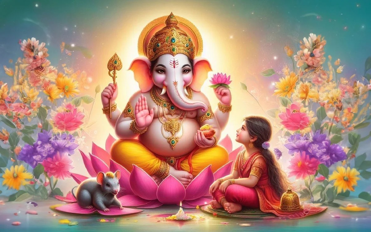 An idol of Lord Ganesha being worshipped with flowers and lamps