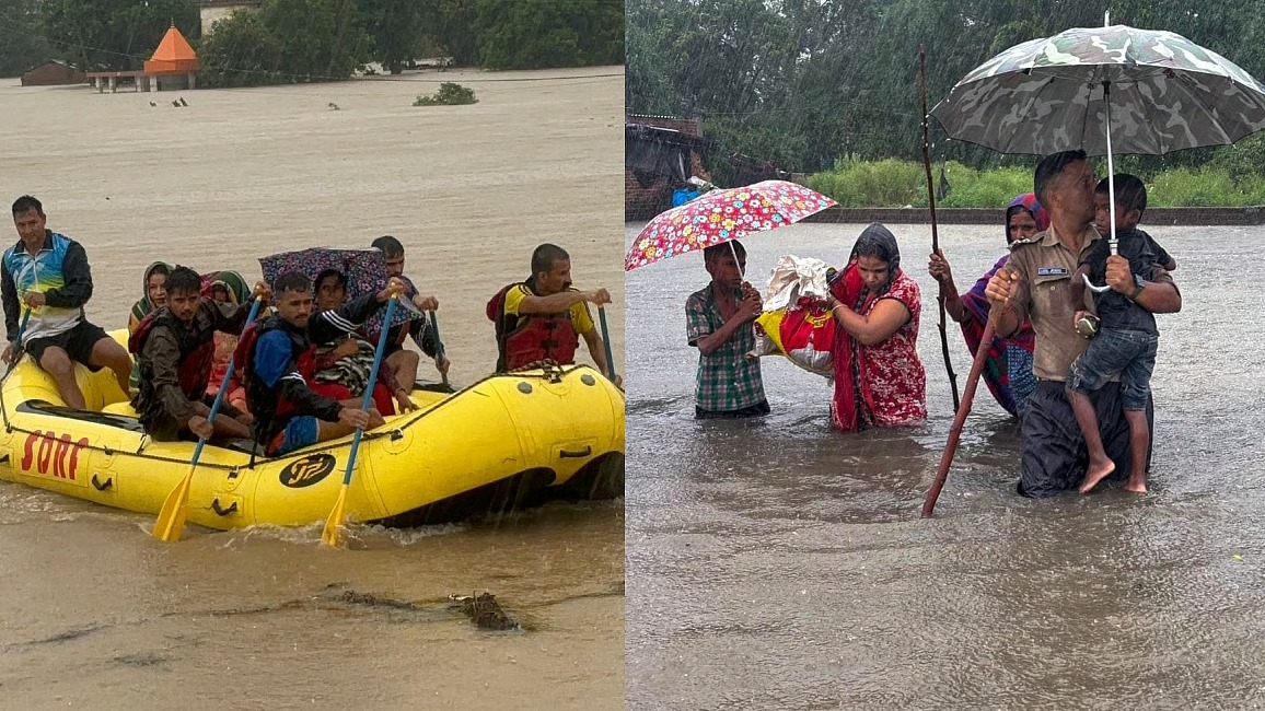 Rescue team navigating flood-hit area in Uttarakhand with debris and stranded tourists