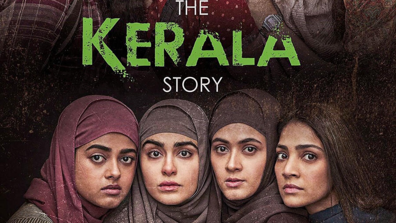 Poster of The Kerala Story with text reading "Based on True Events?" fading into "Fictional Storyline"
