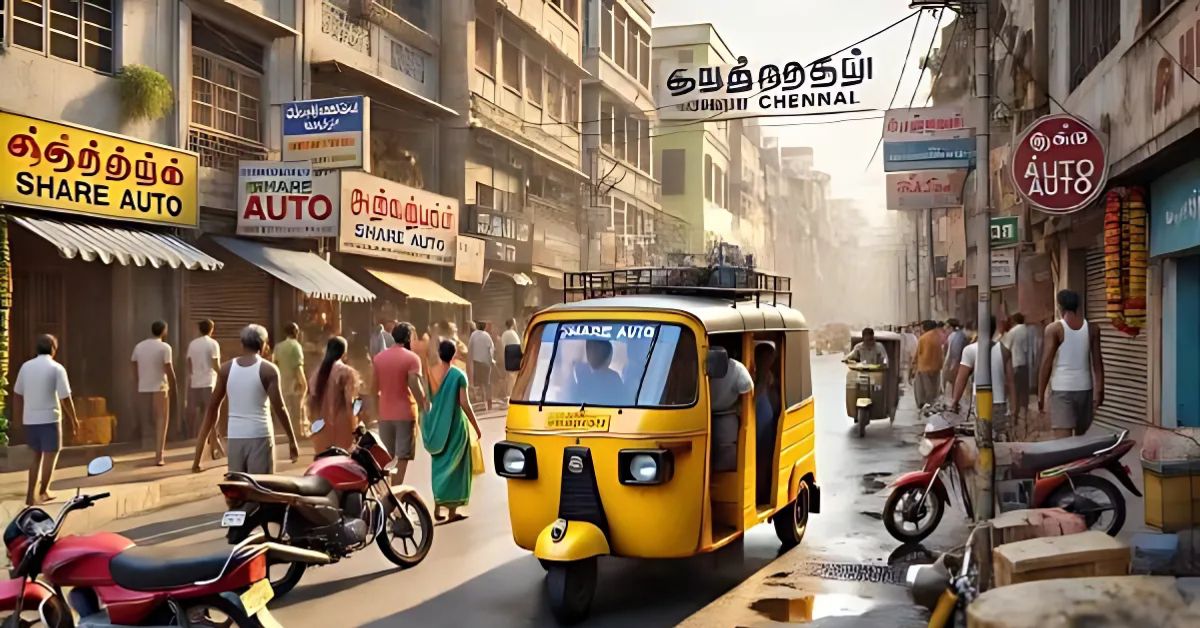 Crowded Indian street with shared rickshaw and Uber car side by side