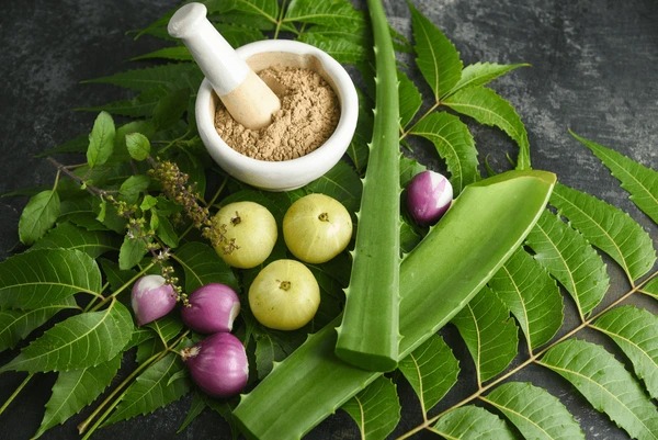 A young entrepreneur preparing Ayurvedic wellness products in a modern lab setting with herbs in the background