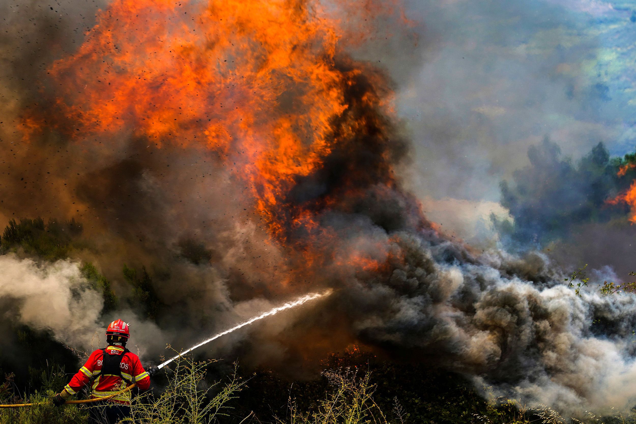Firefighters battling massive flames in a French forest with thick smoke overhead