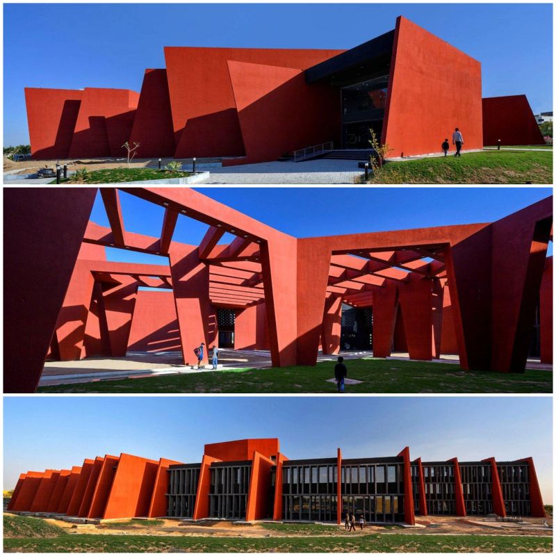 Oval sandstone Rajkumari Ratnavati Girls School blending into desert dunes, with students enjoying naturally cool, shaded courtyards