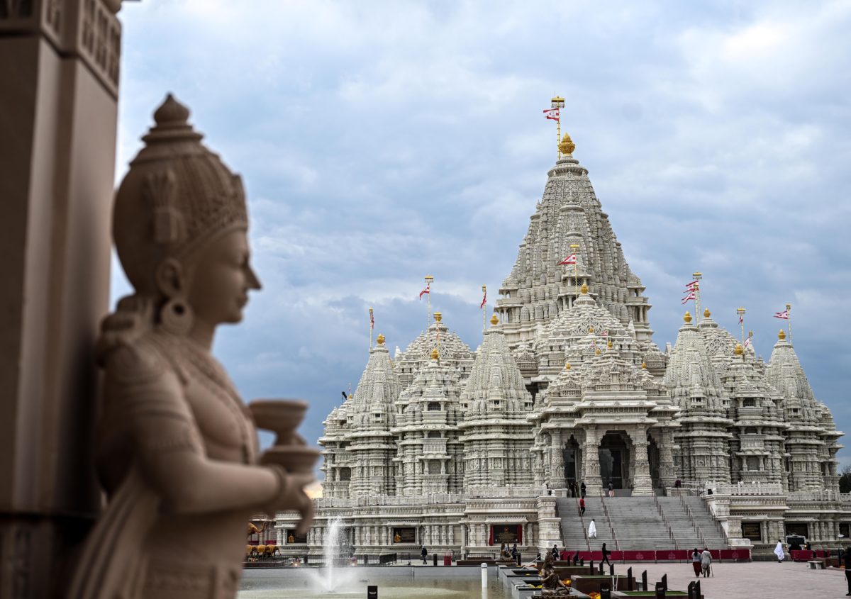 Majestic exterior of BAPS Swaminarayan Akshardham, the largest Hindu temple outside India, located in Robbinsville, New Jersey