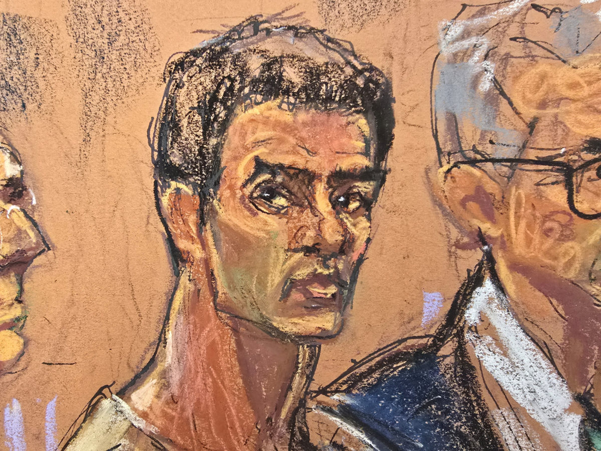 Courtroom scene showing Luigi Mangione entering a not guilty plea on federal murder charges in the UnitedHealthcare CEO killing case