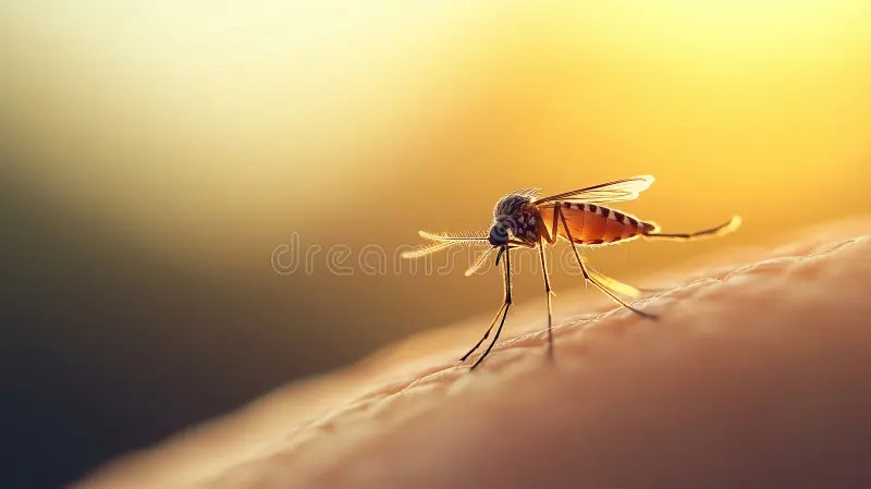 Mosquito on human skin with Delhi cityscape in background