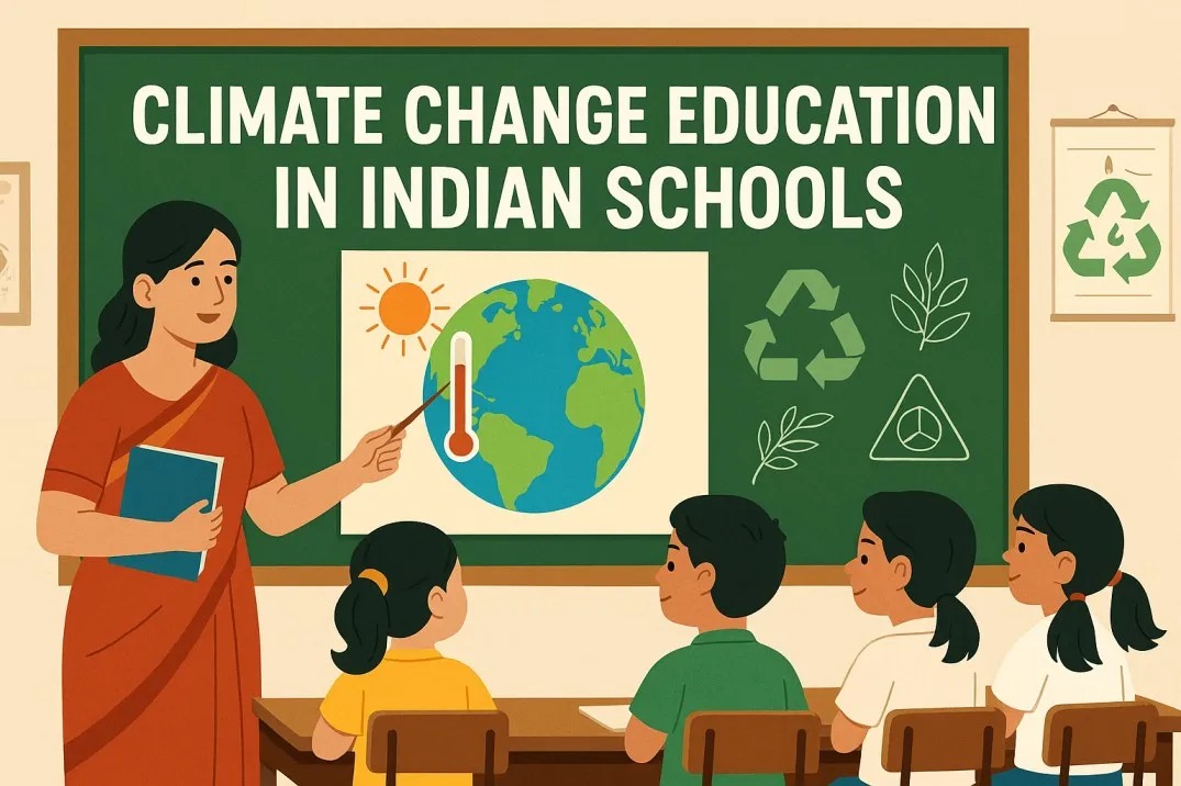 Students in Tamil Nadu participating in a climate awareness rally holding eco-friendly banners