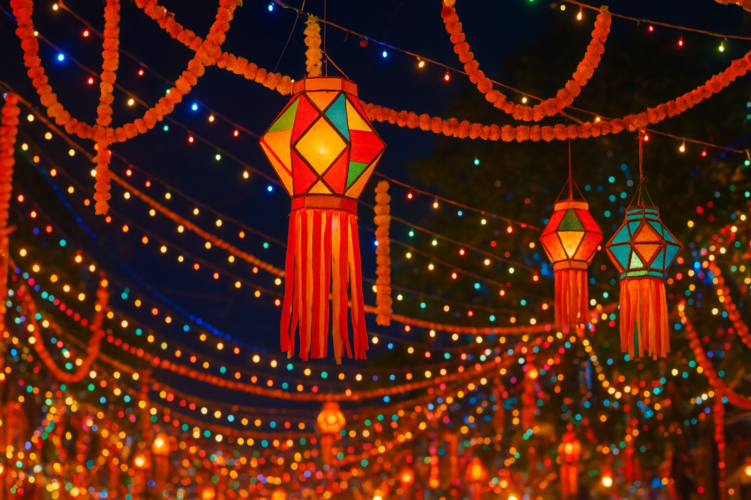 Colorful decorations and lights during Indian festival celebrations