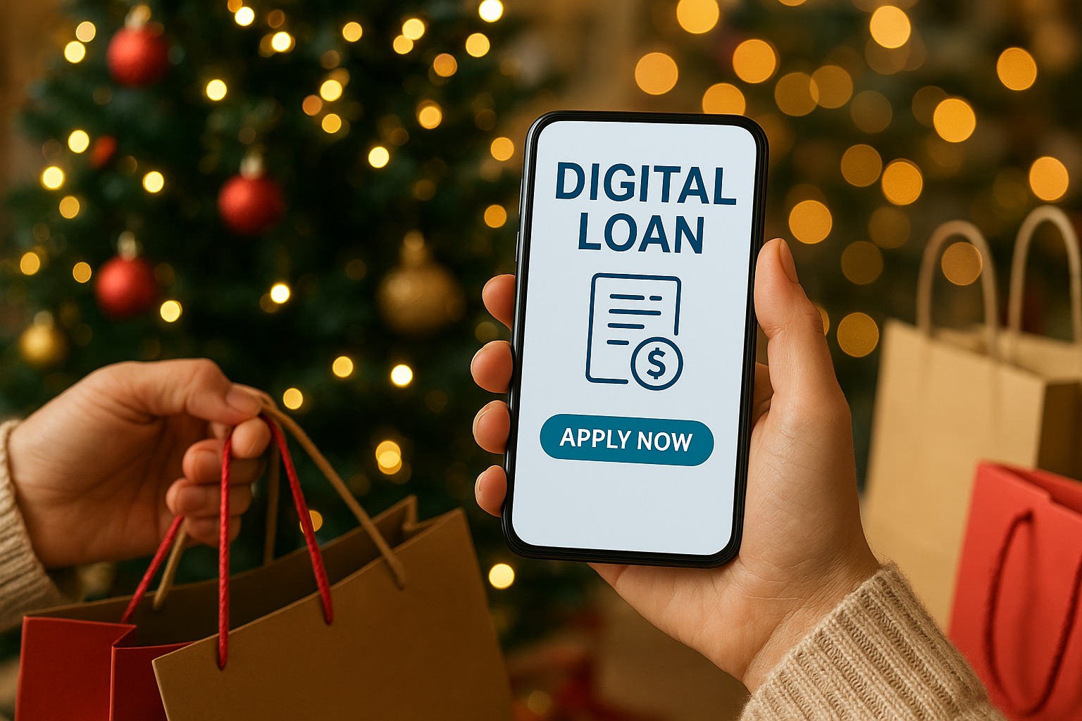 Person using a digital lending app on smartphone during festive shopping