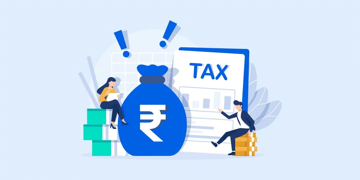 Person calculating taxes with documents and calculator, Vizzve Finance branding