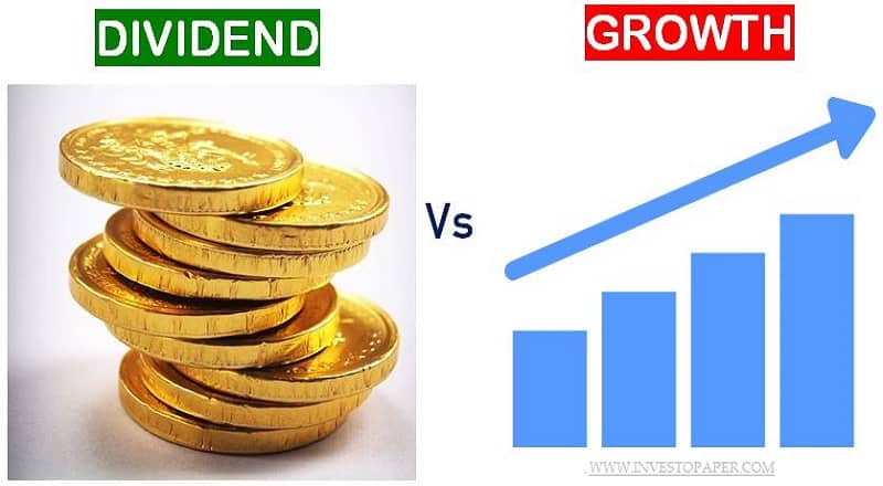 Comparison of dividend and growth stocks on a stock market chart, Vizzve Finance branding