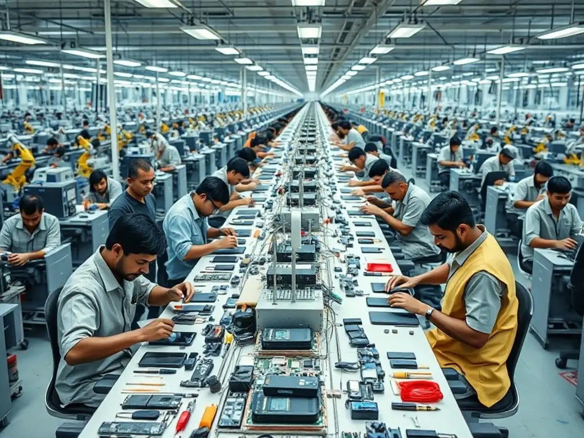 Indian factory workers assembling smartphones for U.S. export