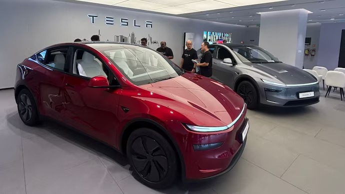 Tesla Model Y on display at new Aerocity Delhi showroom