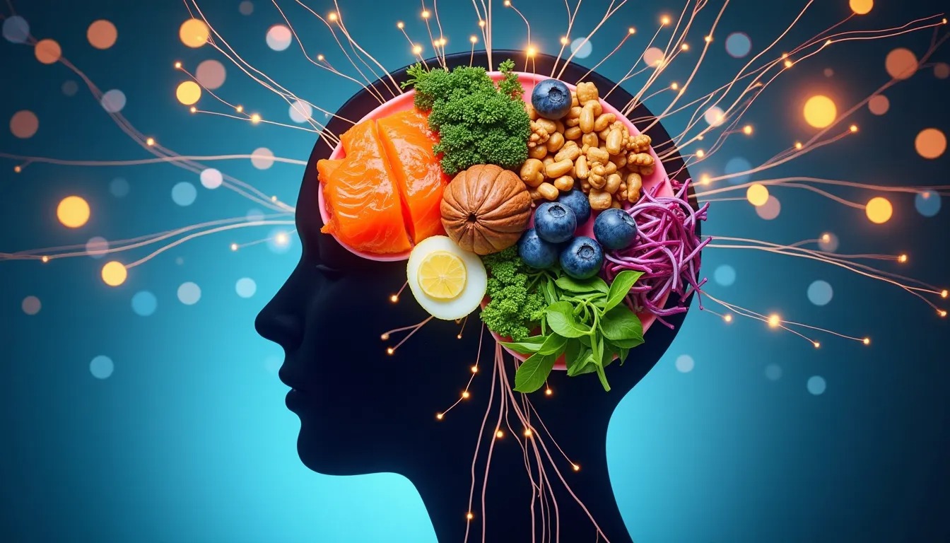Assortment of brain-boosting foods including salmon, blueberries, walnuts, and broccoli