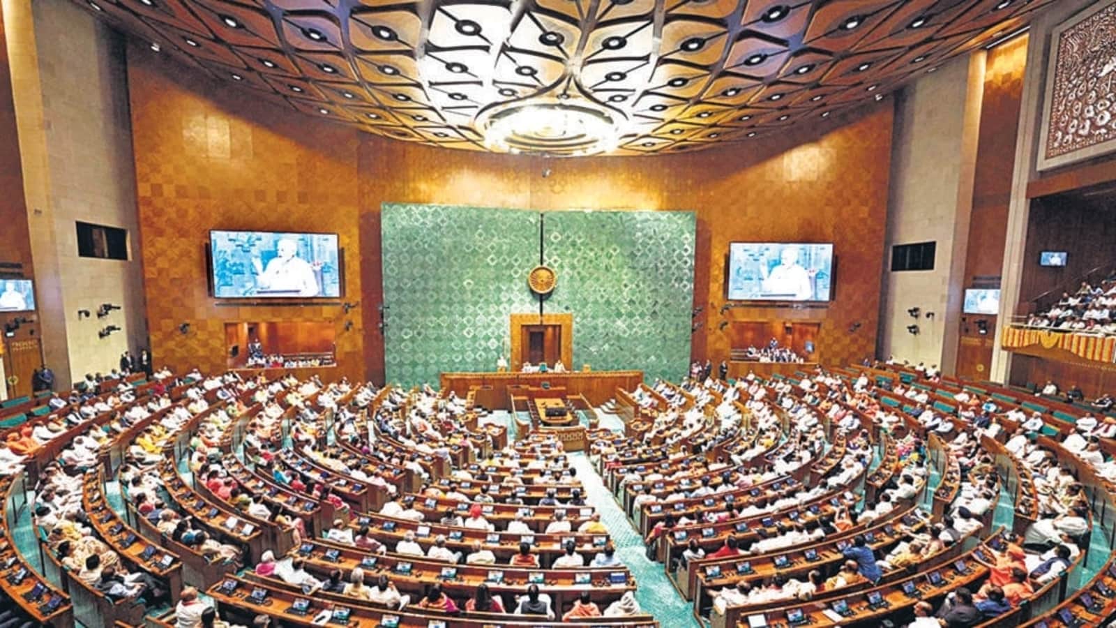 Indian Parliament building during monsoon session