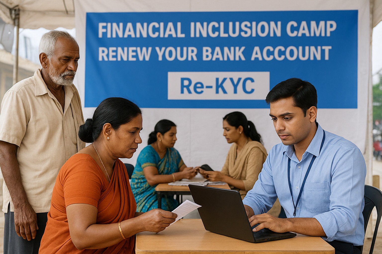 Financial inclusion camp in India helping people renew their bank accounts through Re-KYC