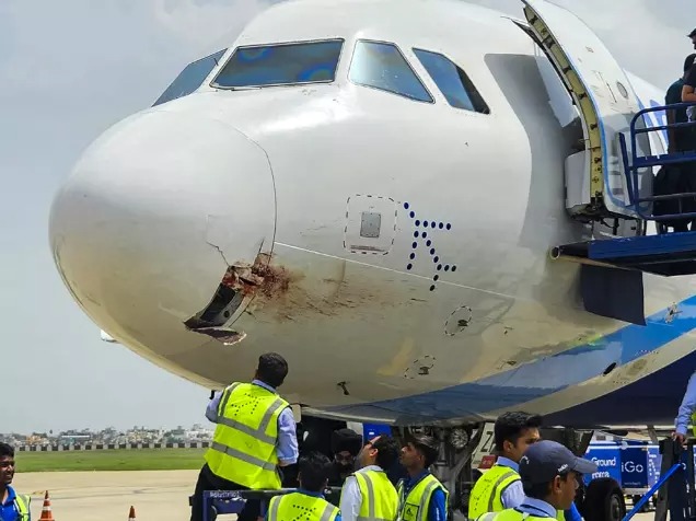 IndiGo airplane with nose damage after severe weather incident