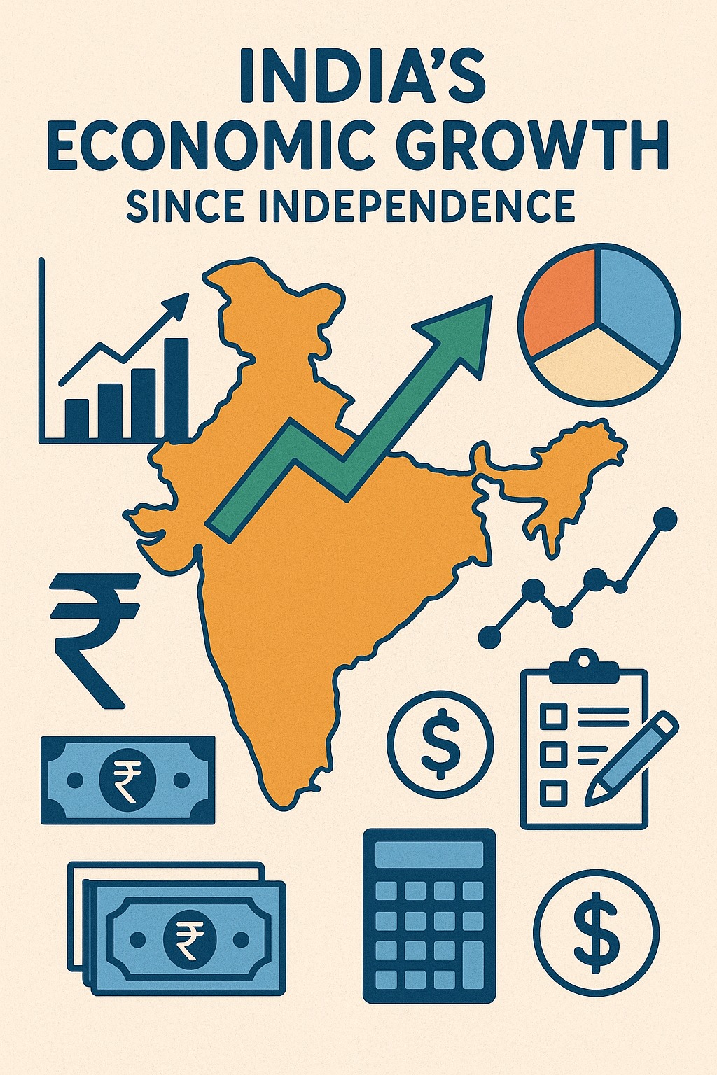 Illustration showing India’s economic growth since independence with charts, currency symbols, and financial planning icons