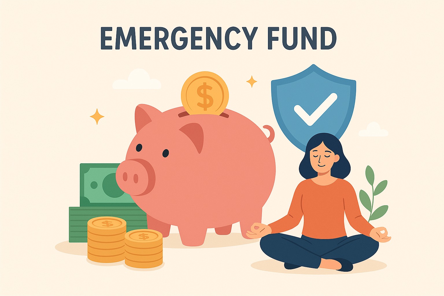Illustration of an emergency fund concept showing savings, financial safety, and stress-free money management