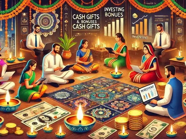 Illustration of festival celebration with budget planning, showing money management, gifts, and festive food