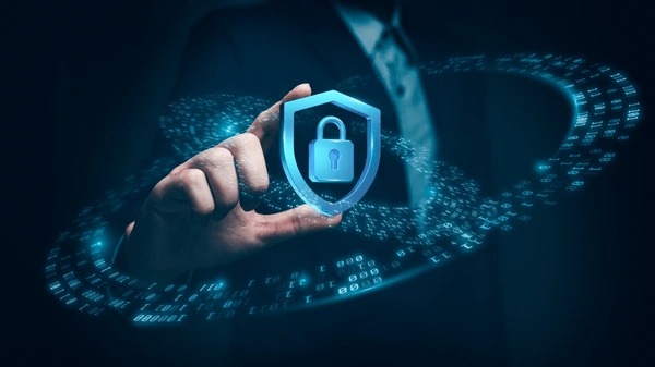 Illustration of safe online banking with cybersecurity protection, secure transactions, and digital safety icons