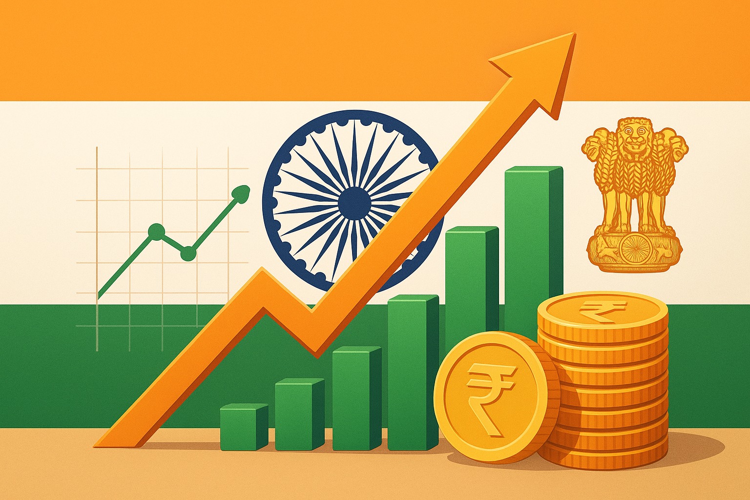 Indian flag-themed investment concept with charts, coins, and patriotic symbols