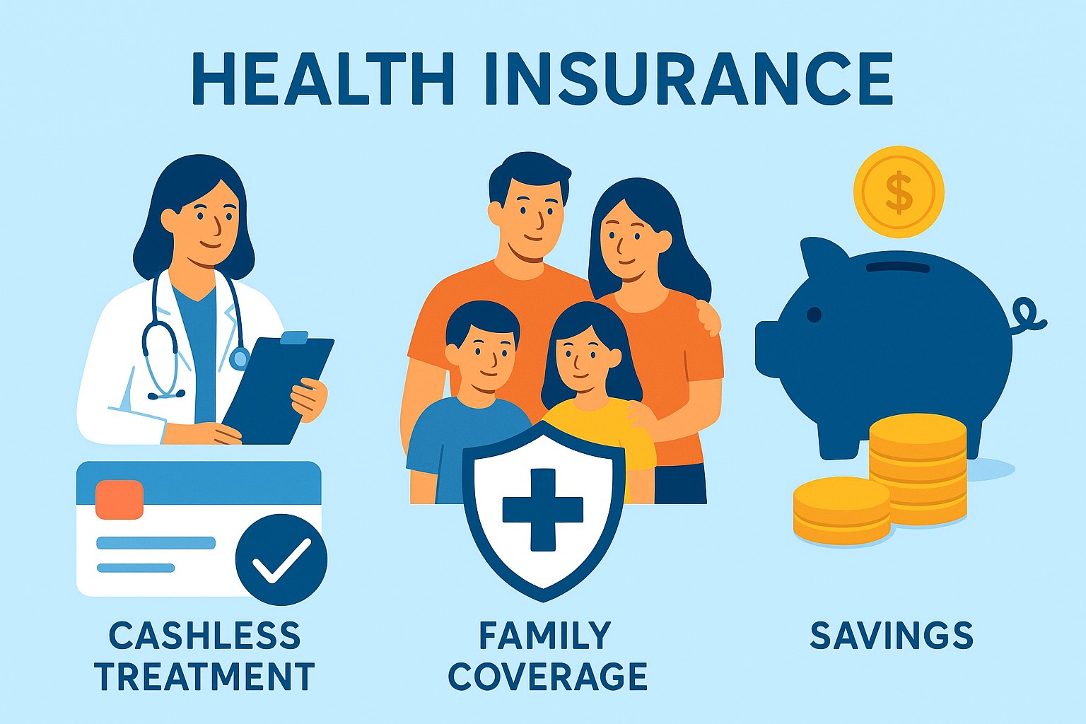 Health insurance concept showing cashless treatment, family coverage, and savings