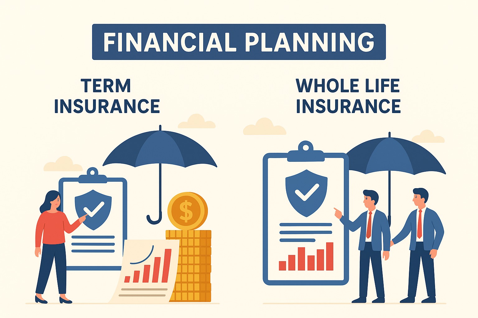 Comparison between term insurance and whole life insurance showing financial planning